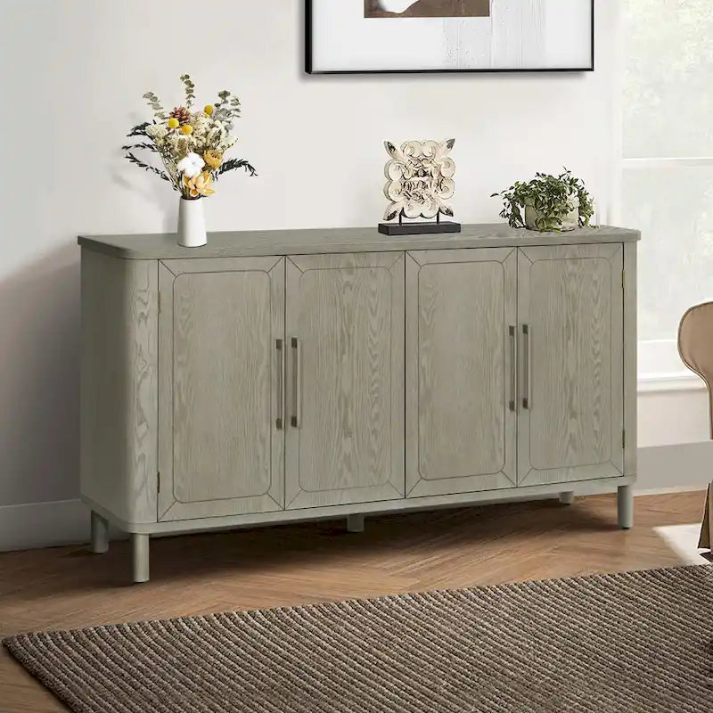 Four-Door Antique Gray Wood Grain Sideboard Storage Cabinet