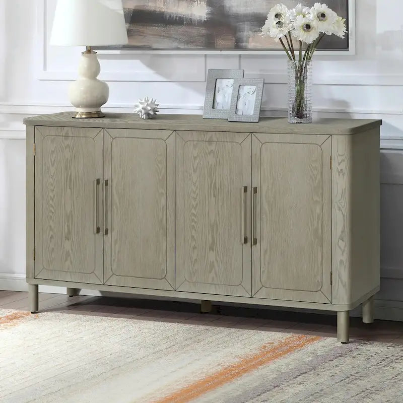 Four-Door Antique Gray Wood Grain Sideboard Storage Cabinet