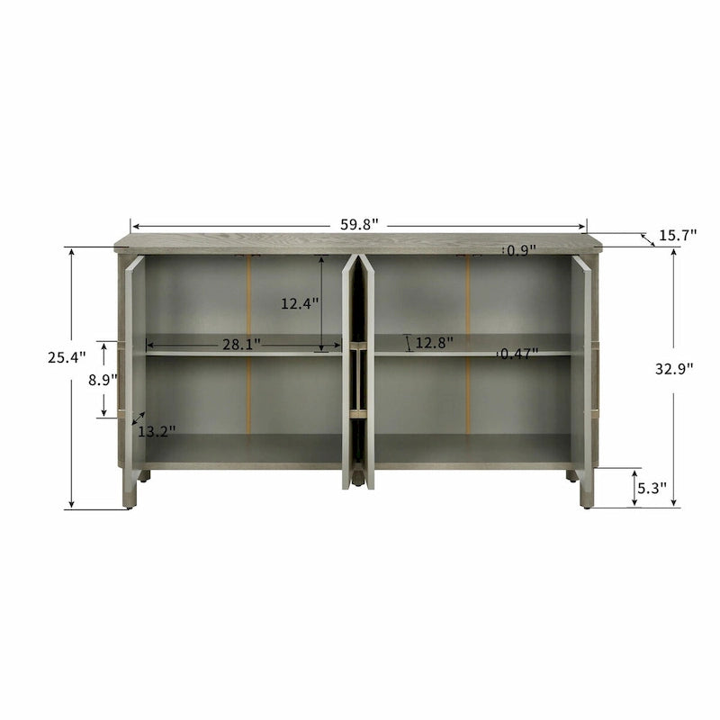 Four-Door Antique Gray Wood Grain Sideboard Storage Cabinet