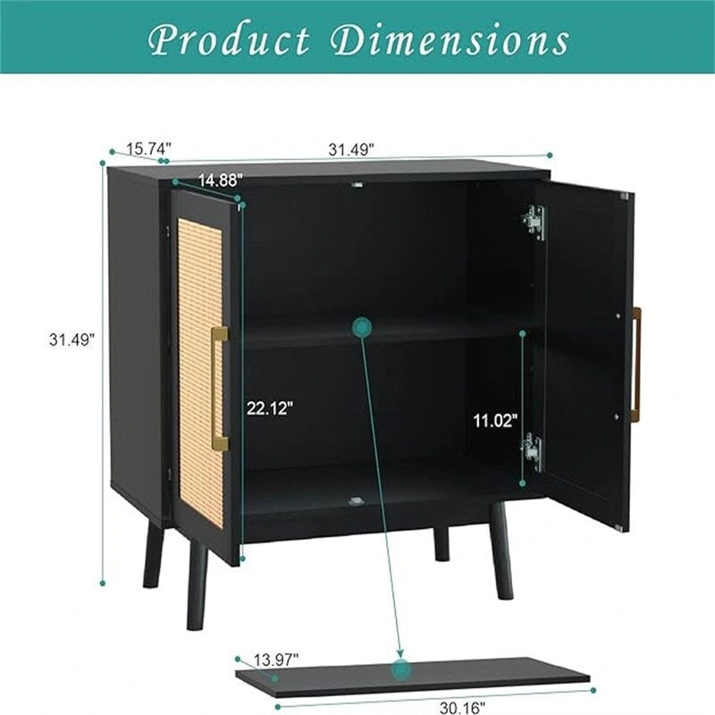 Rattan Door Double Cabinet Black Gold Handle Storage Sideboard