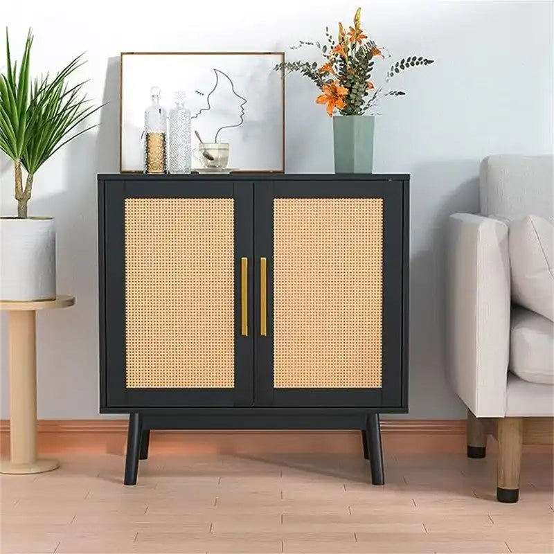 Rattan Door Double Cabinet Black Gold Handle Storage Sideboard