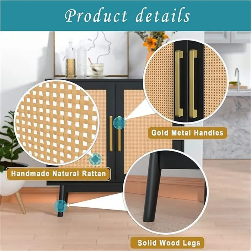 Rattan Door Double Cabinet Black Gold Handle Storage Sideboard