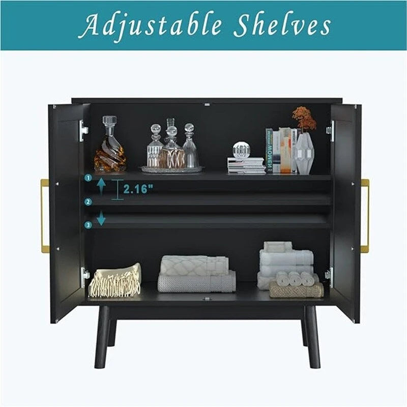 Rattan Door Double Cabinet Black Gold Handle Storage Sideboard