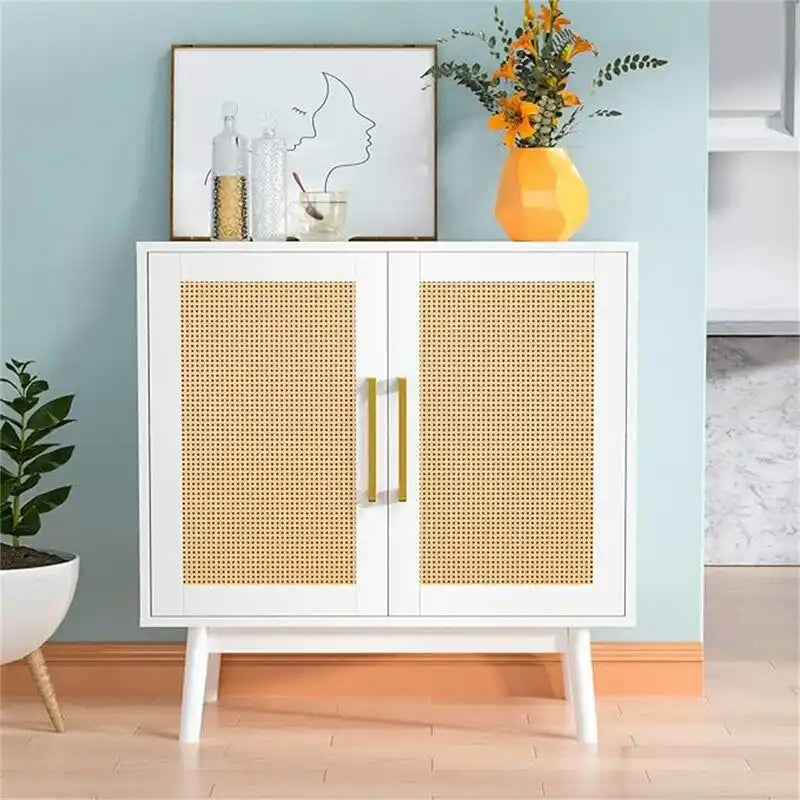 Rattan Door Double Cabinet Black Gold Handle Storage Sideboard