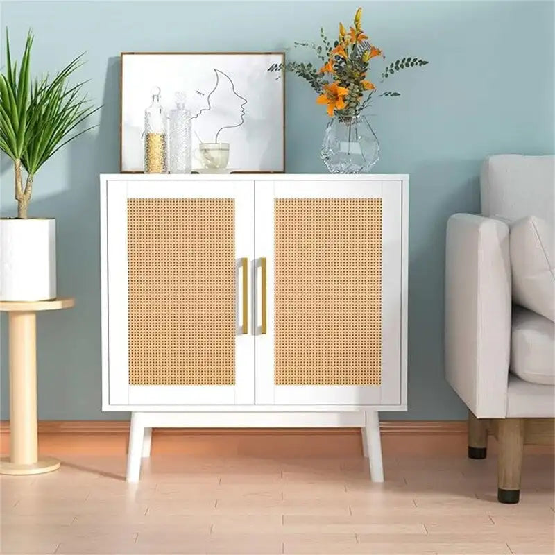 Rattan Door Double Cabinet Black Gold Handle Storage Sideboard