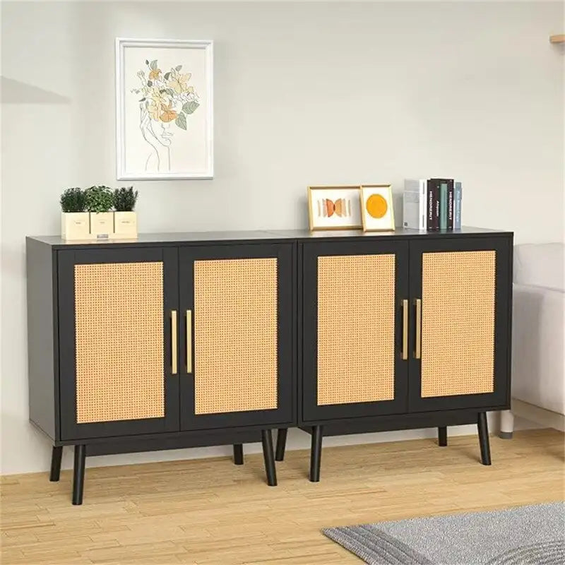 Rattan Door Double Cabinet Black Gold Handle Storage Sideboard