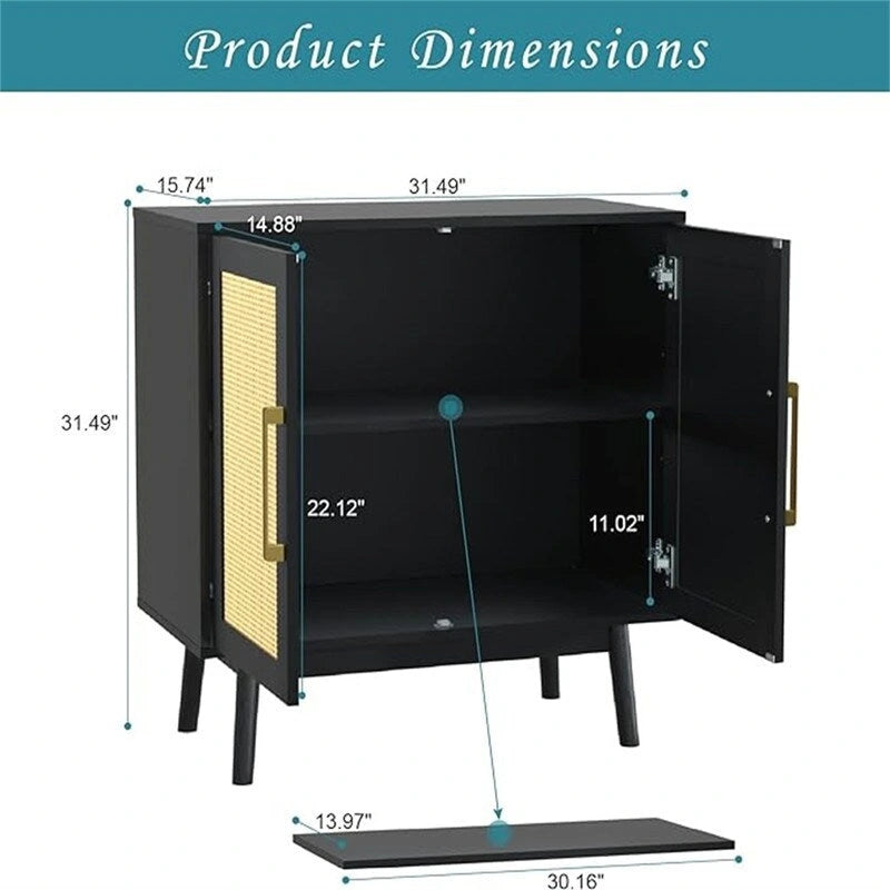 Rattan Door Double Cabinet Black Gold Handle Storage Sideboard