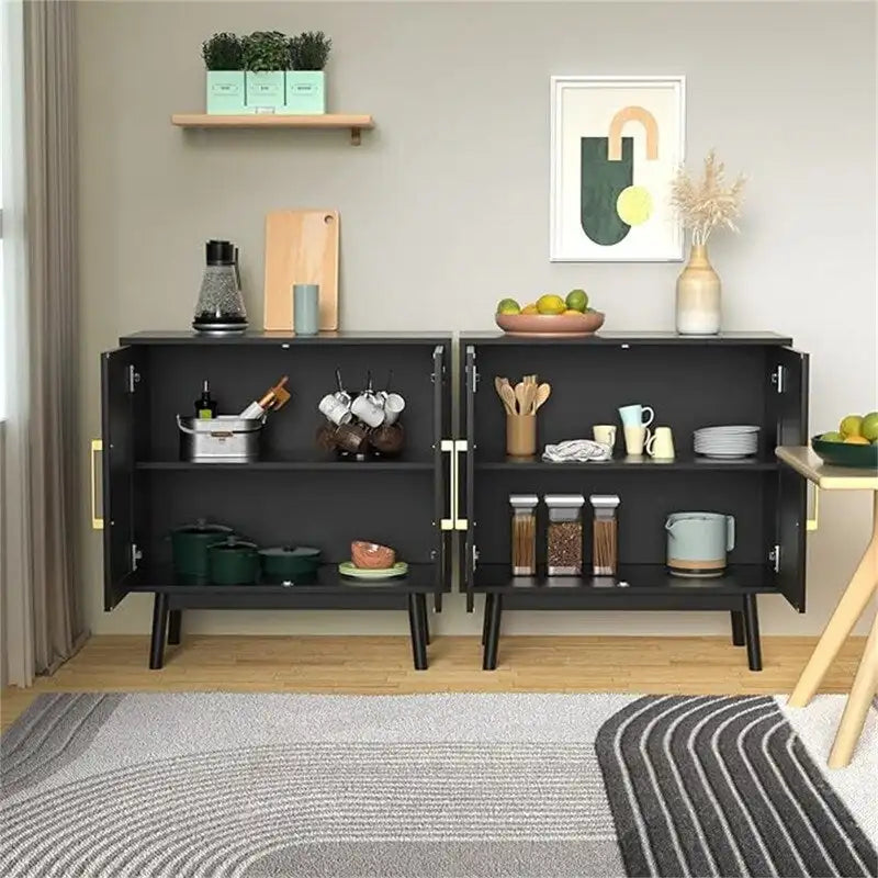 Rattan Door Double Cabinet Black Gold Handle Storage Sideboard