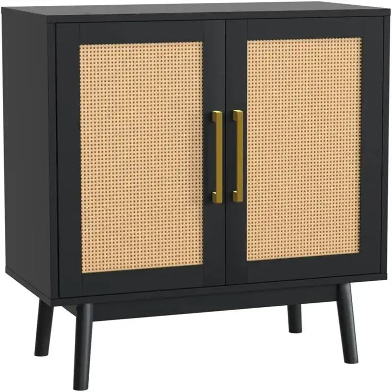 Rattan Door Double Cabinet Black Gold Handle Storage Sideboard