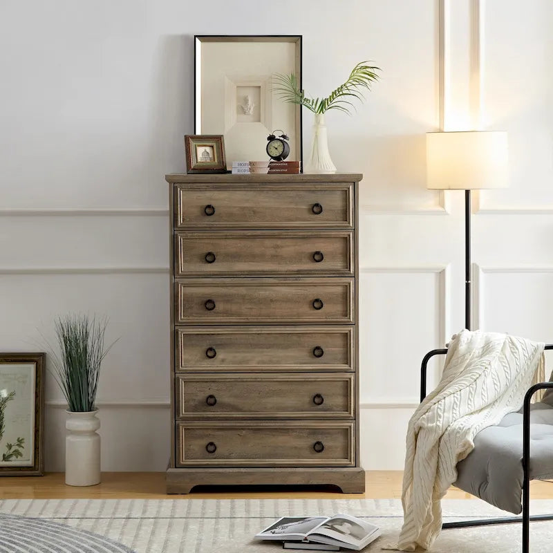 Rustic Brown Tall 6 Drawer Chest Dresser with Ring Pull Handles