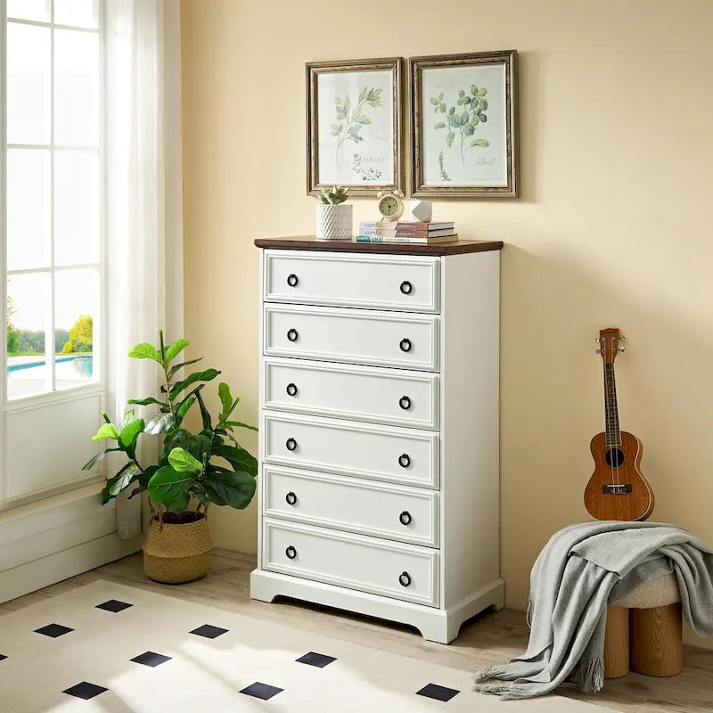 Rustic Brown Tall 6 Drawer Chest Dresser with Ring Pull Handles