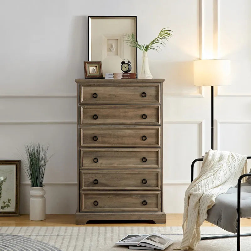 Rustic Brown Tall 6 Drawer Chest Dresser with Ring Pull Handles