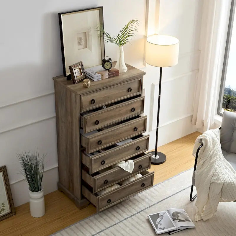Rustic Brown Tall 6 Drawer Chest Dresser with Ring Pull Handles