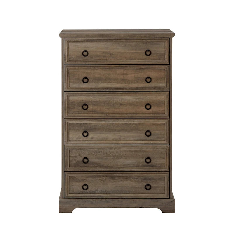 Rustic Brown Tall 6 Drawer Chest Dresser with Ring Pull Handles
