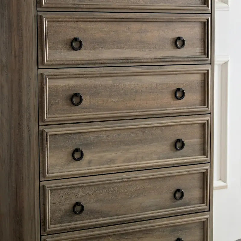 Rustic Brown Tall 6 Drawer Chest Dresser with Ring Pull Handles
