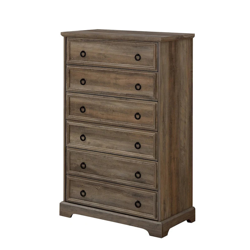 Rustic Brown Tall 6 Drawer Chest Dresser with Ring Pull Handles