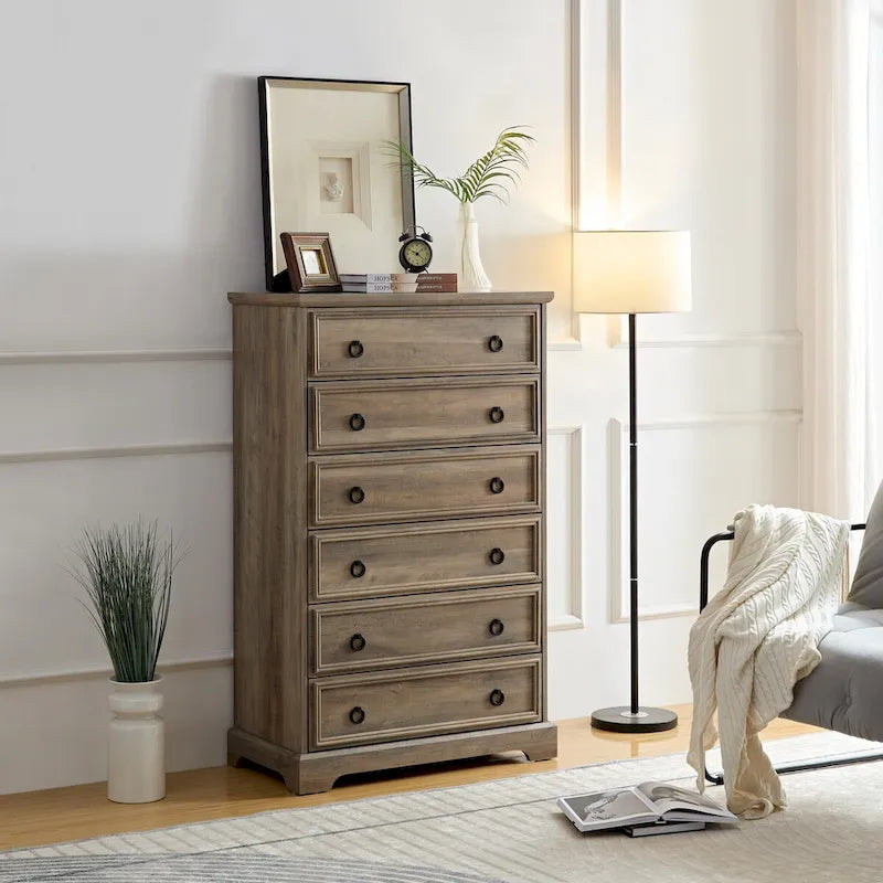 Rustic Brown Tall 6 Drawer Chest Dresser with Ring Pull Handles