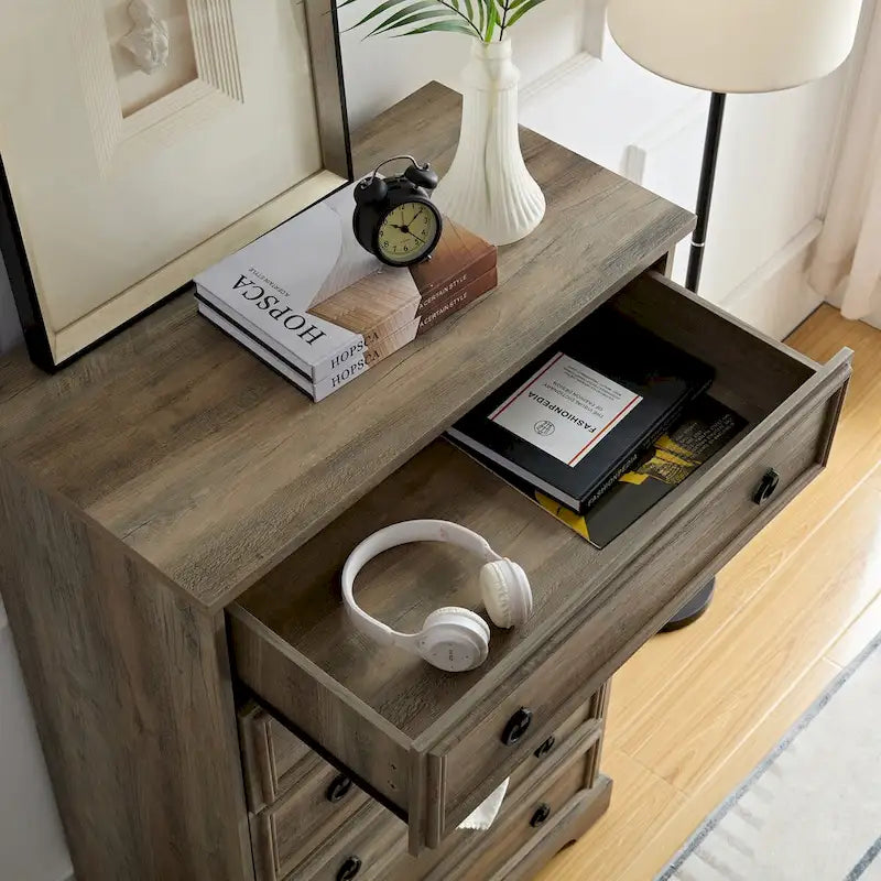 Rustic Brown Tall 6 Drawer Chest Dresser with Ring Pull Handles