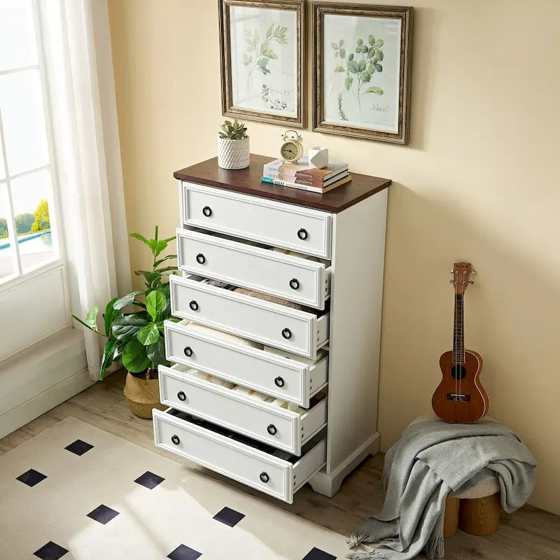 Rustic Brown Tall 6 Drawer Chest Dresser with Ring Pull Handles