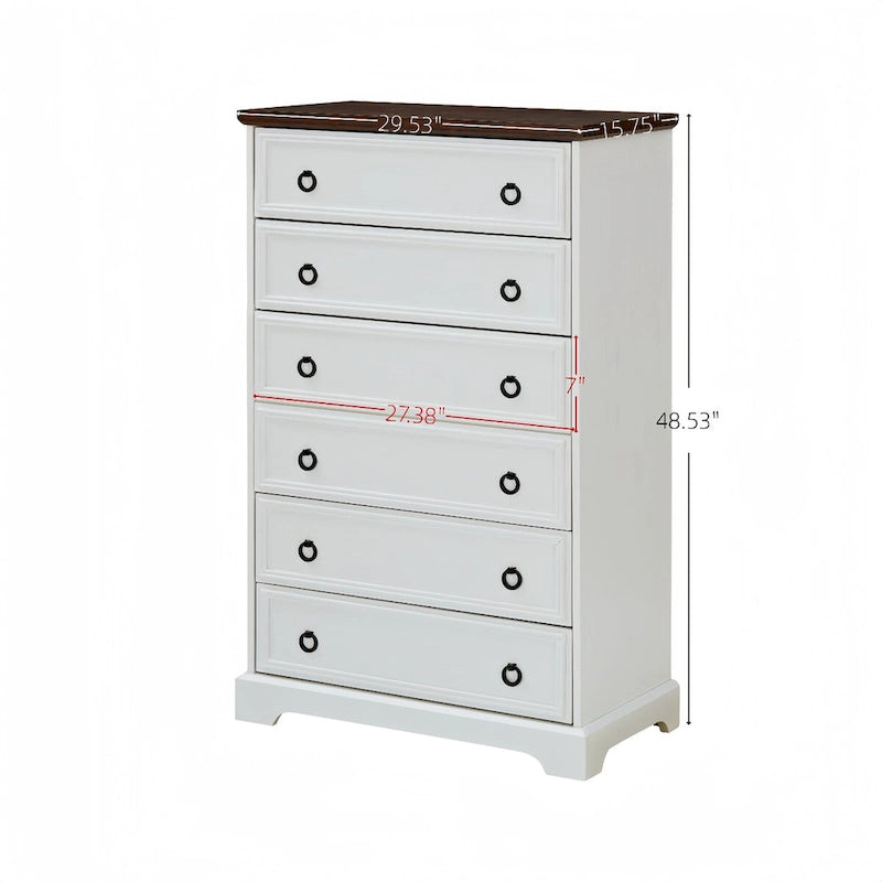 Rustic Brown Tall 6 Drawer Chest Dresser with Ring Pull Handles