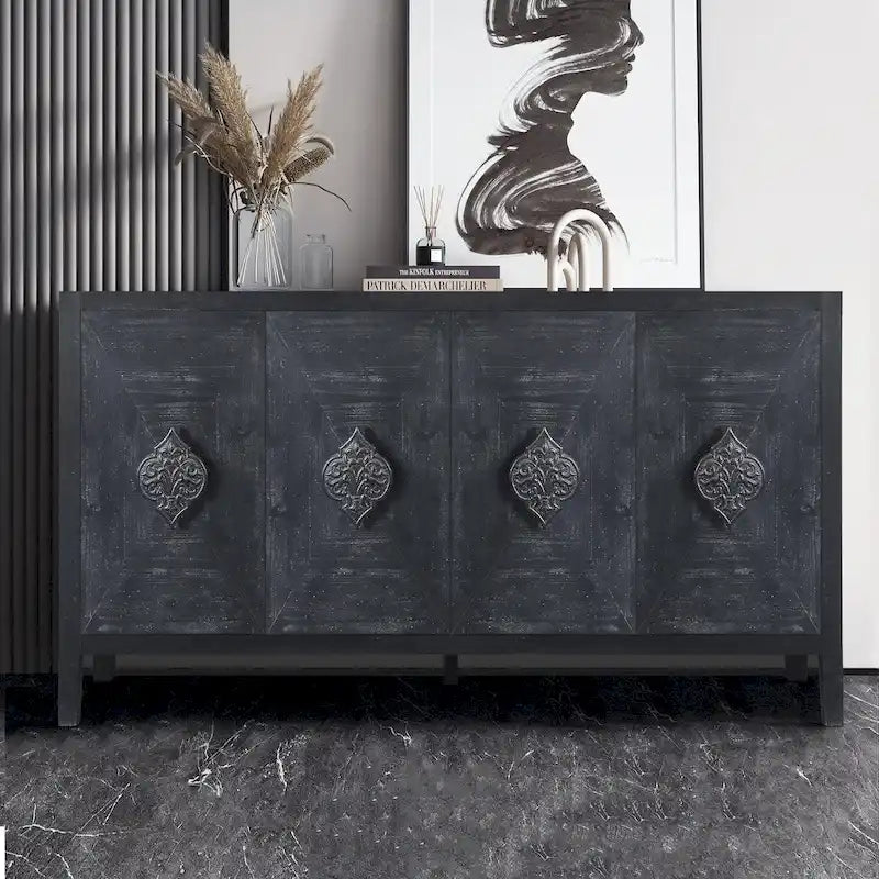 Antique Black Solid Wood Sideboard Cabinet with Carved Floral Door Handles