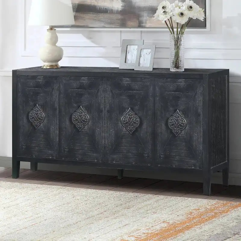 Antique Black Solid Wood Sideboard Cabinet with Carved Floral Door Handles