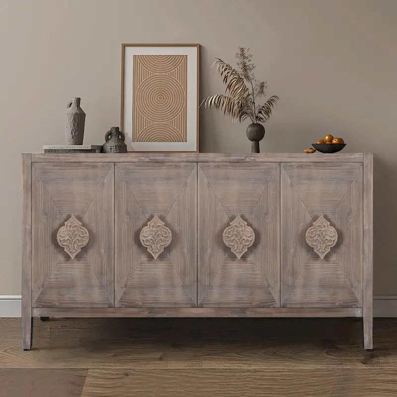 Antique Black Solid Wood Sideboard Cabinet with Carved Floral Door Handles