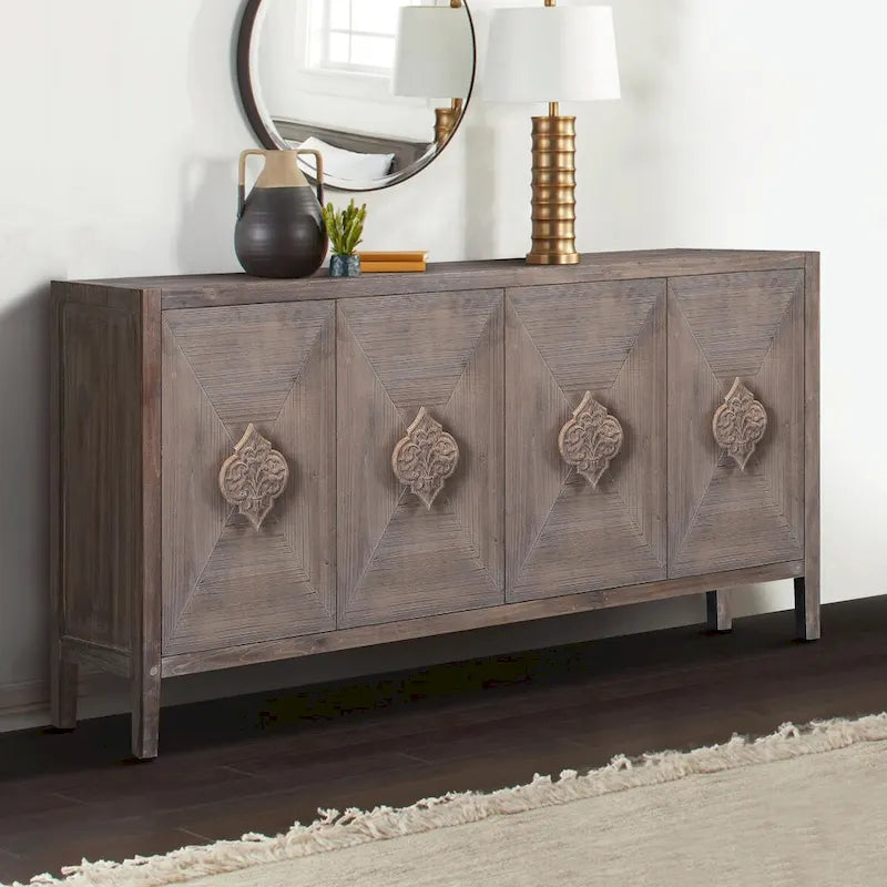 Antique Black Solid Wood Sideboard Cabinet with Carved Floral Door Handles
