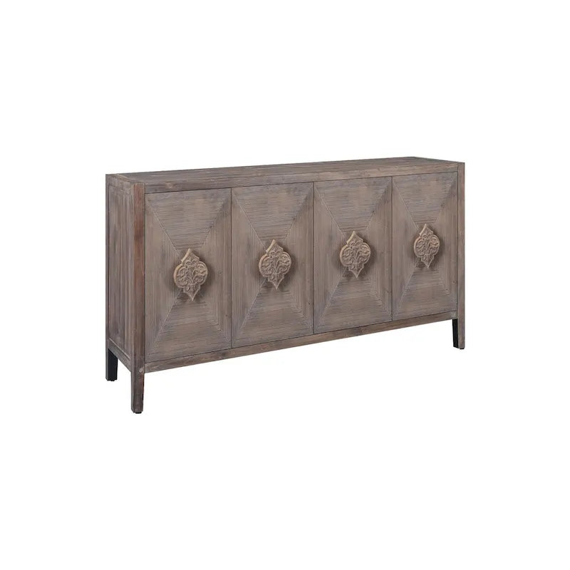 Antique Black Solid Wood Sideboard Cabinet with Carved Floral Door Handles
