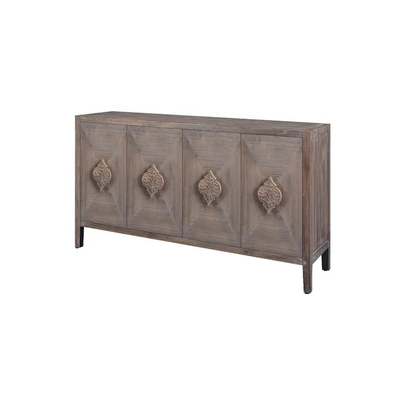 Antique Black Solid Wood Sideboard Cabinet with Carved Floral Door Handles