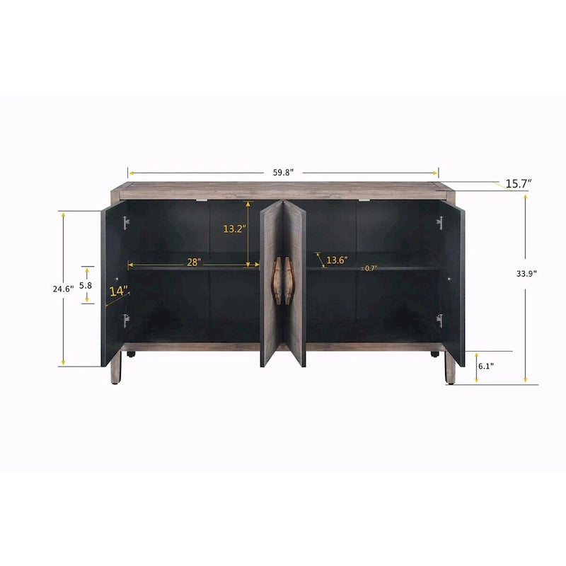 Antique Black Solid Wood Sideboard Cabinet with Carved Floral Door Handles