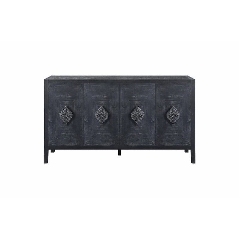 Antique Black Solid Wood Sideboard Cabinet with Carved Floral Door Handles