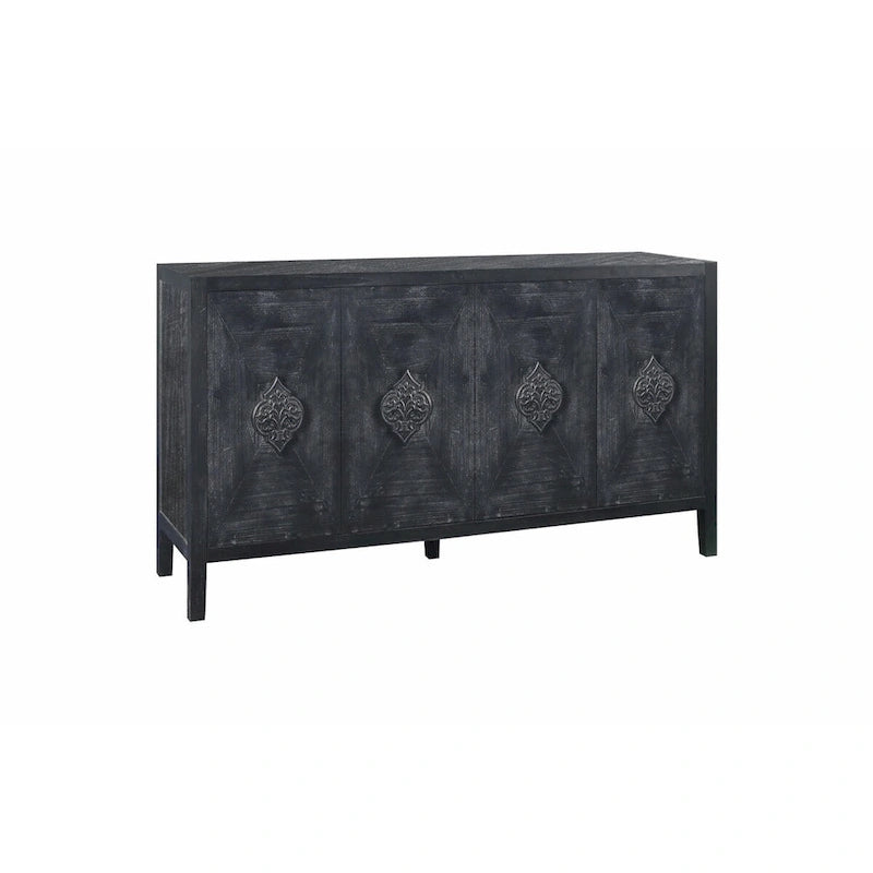 Antique Black Solid Wood Sideboard Cabinet with Carved Floral Door Handles