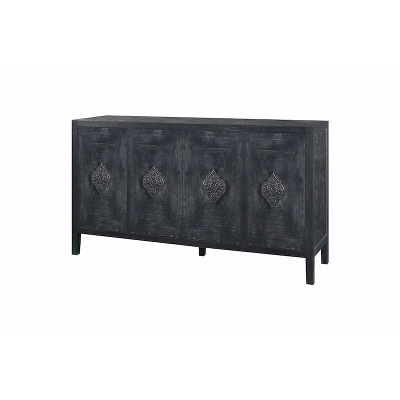 Antique Black Solid Wood Sideboard Cabinet with Carved Floral Door Handles