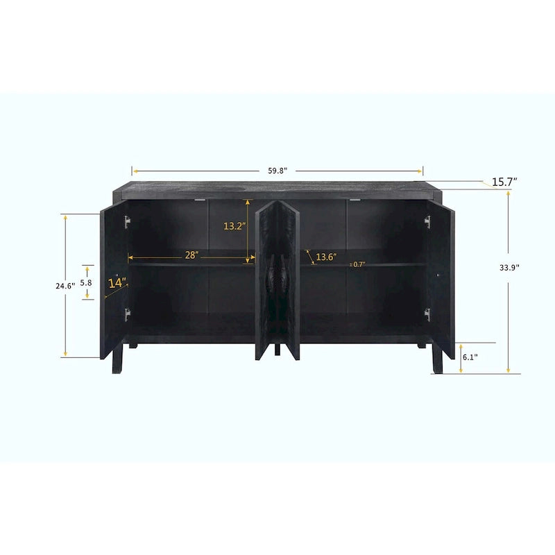 Antique Black Solid Wood Sideboard Cabinet with Carved Floral Door Handles