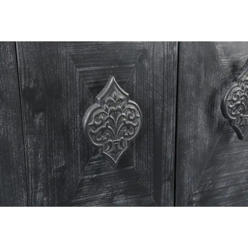 Antique Black Solid Wood Sideboard Cabinet with Carved Floral Door Handles