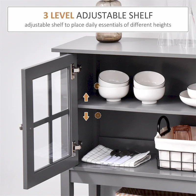 Charcoal Grey Glass Door Storage Cabinet with Open Bottom Shelf