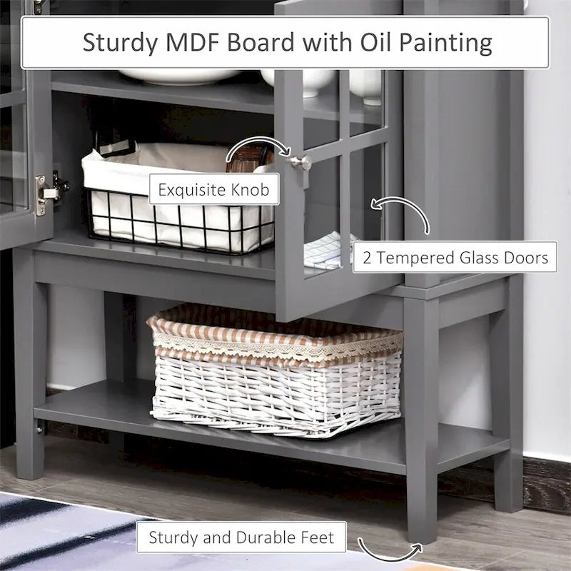 Charcoal Grey Glass Door Storage Cabinet with Open Bottom Shelf