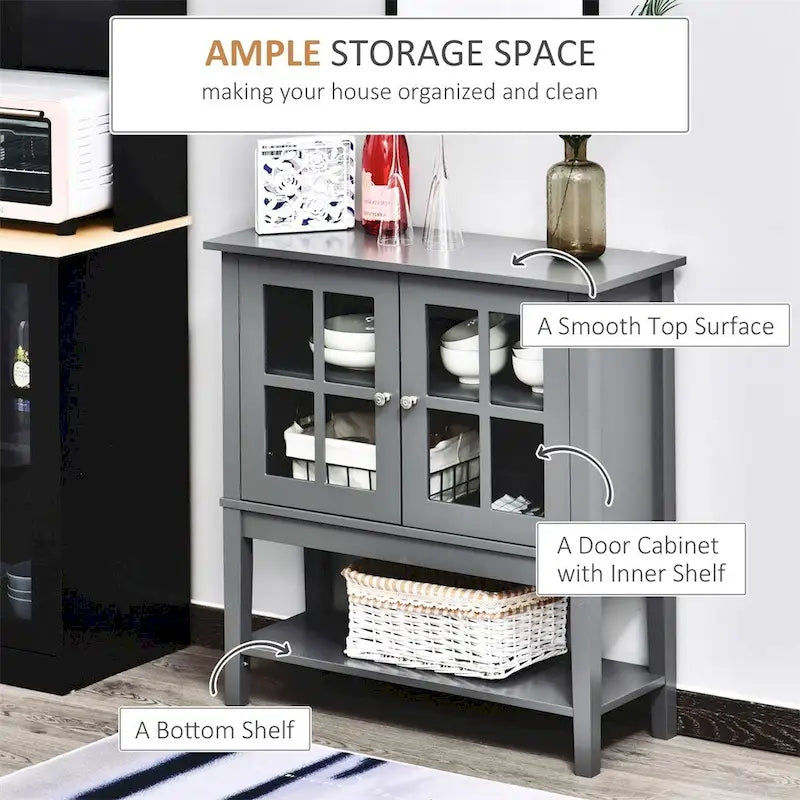 Charcoal Grey Glass Door Storage Cabinet with Open Bottom Shelf
