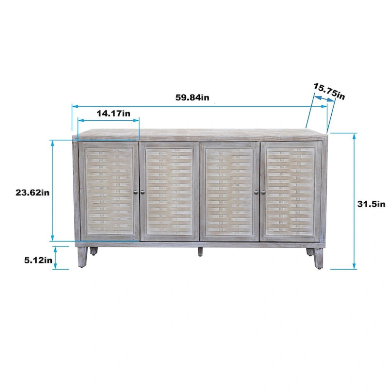 4-Door Shabby Chic Natural Wood Wash Sideboard Buffet Cabinet with Woven Pattern Doors