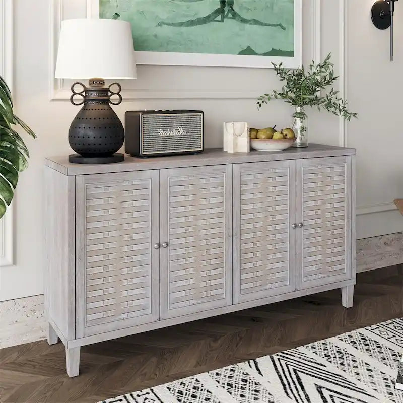 4-Door Shabby Chic Natural Wood Wash Sideboard Buffet Cabinet with Woven Pattern Doors