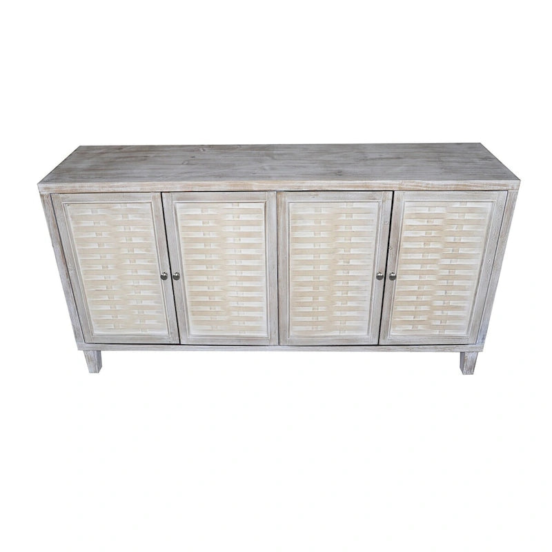 4-Door Shabby Chic Natural Wood Wash Sideboard Buffet Cabinet with Woven Pattern Doors