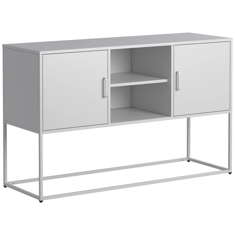 Meuble de rangement buffet en métal noir avec étagères ouvertes et portes