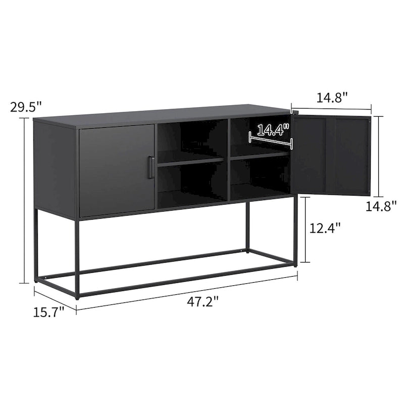 Black Metal Sideboard Buffet Cabinet with Open Shelves and Doors