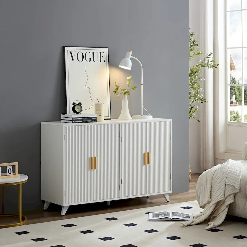 4-Door White Buffet Sideboard Cabinet with Removable Shelves and Gold Handles