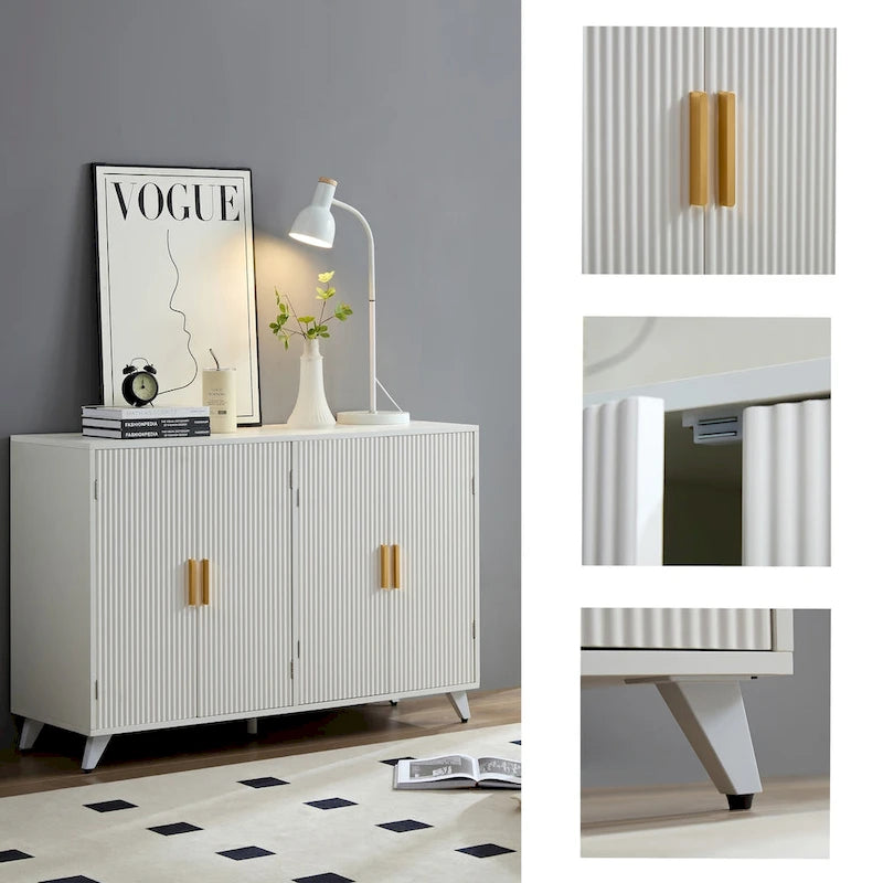 4-Door White Buffet Sideboard Cabinet with Removable Shelves and Gold Handles