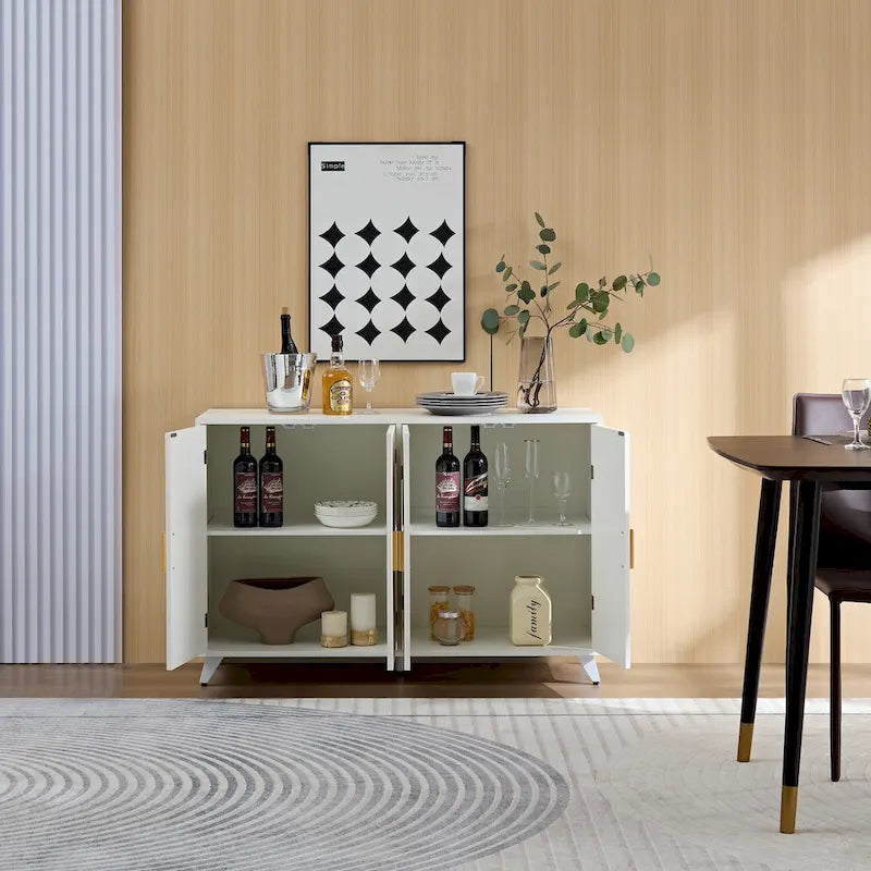 4-Door White Buffet Sideboard Cabinet with Removable Shelves and Gold Handles
