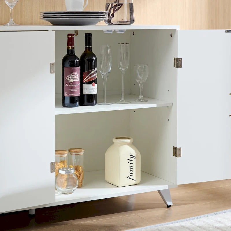 4-Door White Buffet Sideboard Cabinet with Removable Shelves and Gold Handles