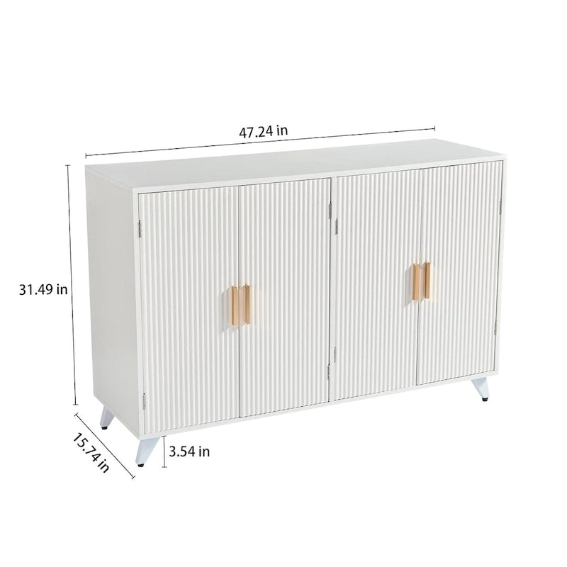 4-Door White Buffet Sideboard Cabinet with Removable Shelves and Gold Handles