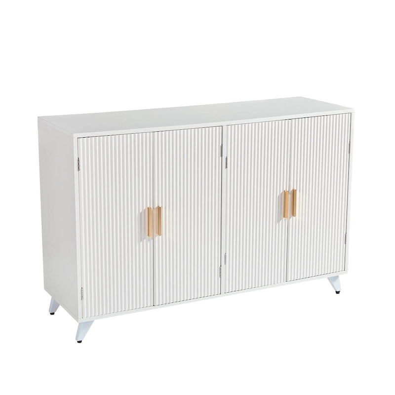 4-Door White Buffet Sideboard Cabinet with Removable Shelves and Gold Handles